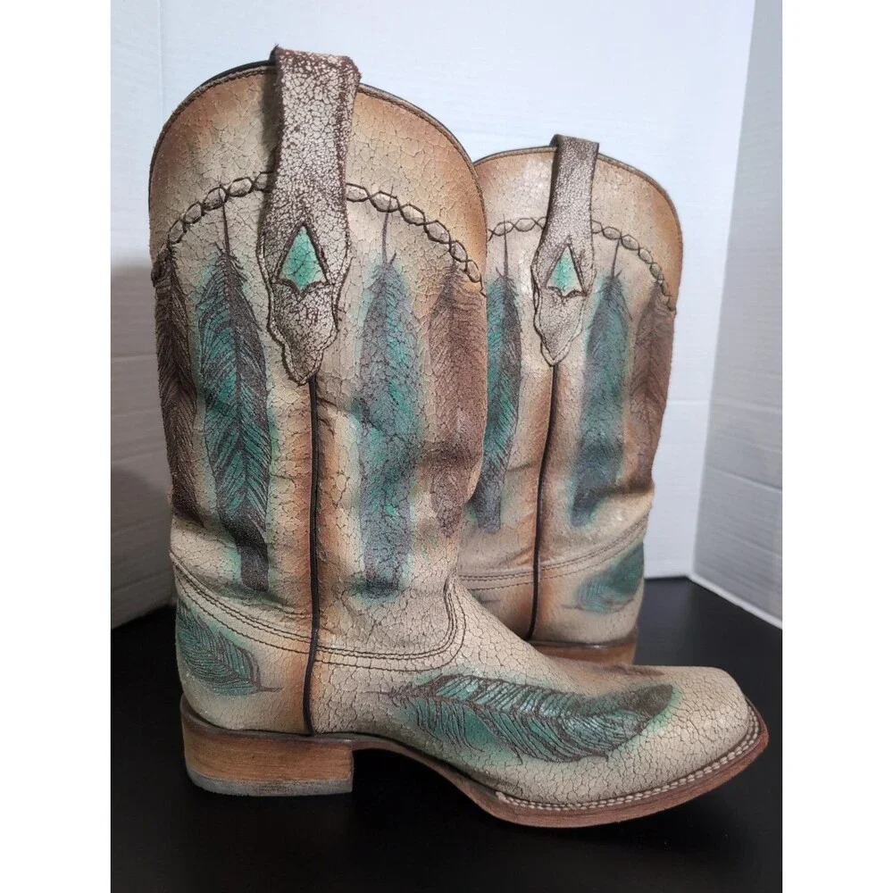 CORRAL SAND/TEAL   CRACKEL & FEATHER SQUARE TOE COWBOY BOOT MEN'S SIZE 12M EUC